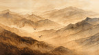 Papier peint panoramique Montagnes sépia dans la brume : vue du motif, crêtes de montagnes sépia et ocre dans la brume, deux oiseaux en vol