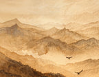 Papier peint panoramique Montagnes sépia dans la brume : détail du motif, crêtes en lavis sépia et deux oiseaux
