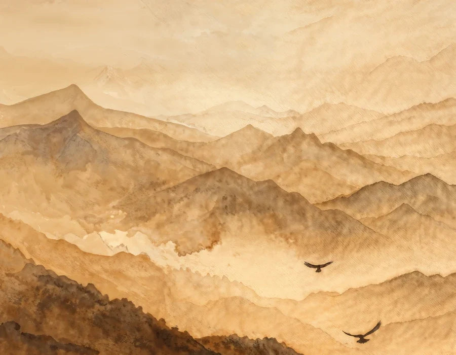 Papier peint panoramique Montagnes sépia dans la brume : détail du motif, crêtes en lavis sépia et deux oiseaux