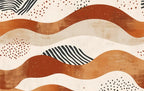 Papier peint panoramique Vagues terracotta et crème : vue à plat, vagues terracotta, rouille et crème ponctuées de points et de rayures noires