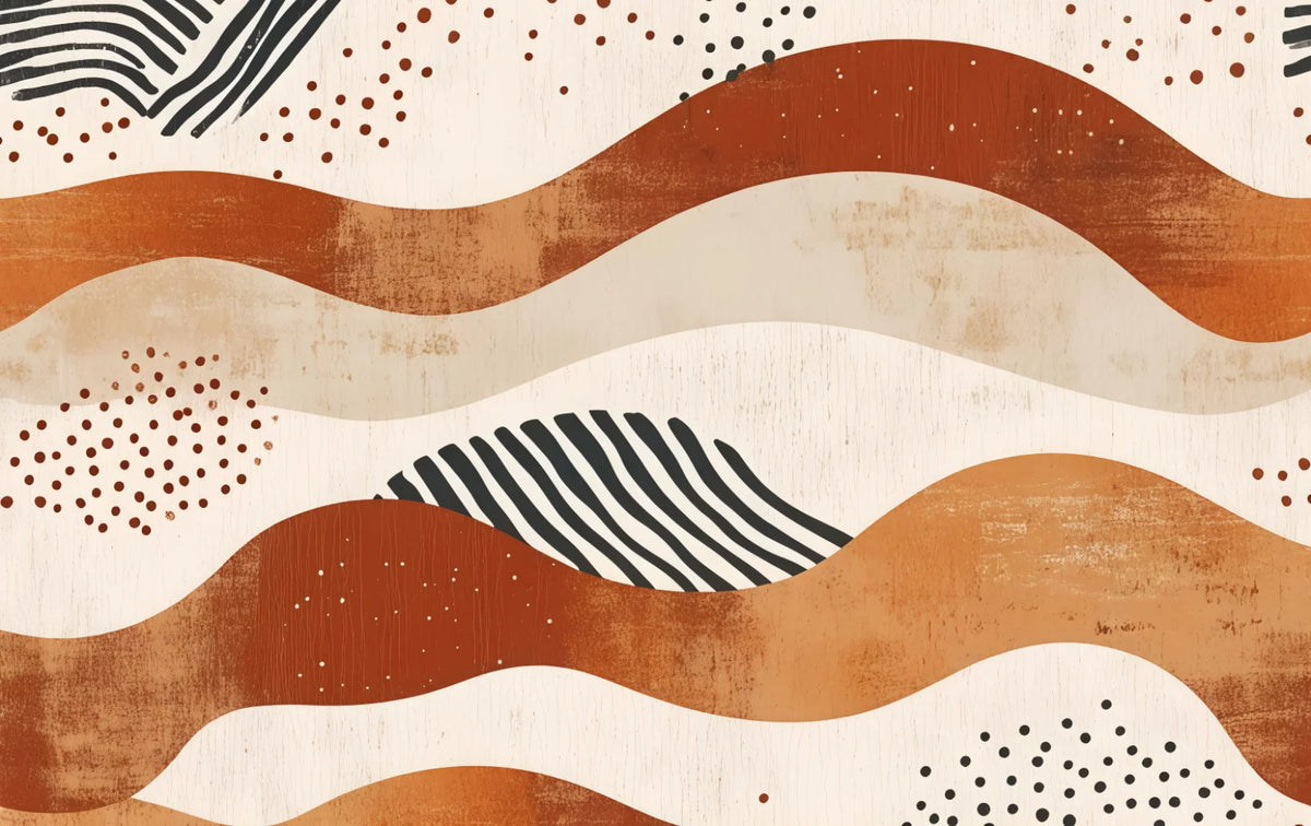 Papier peint panoramique Vagues terracotta et crème : vue à plat, vagues terracotta, rouille et crème ponctuées de points et de rayures noires