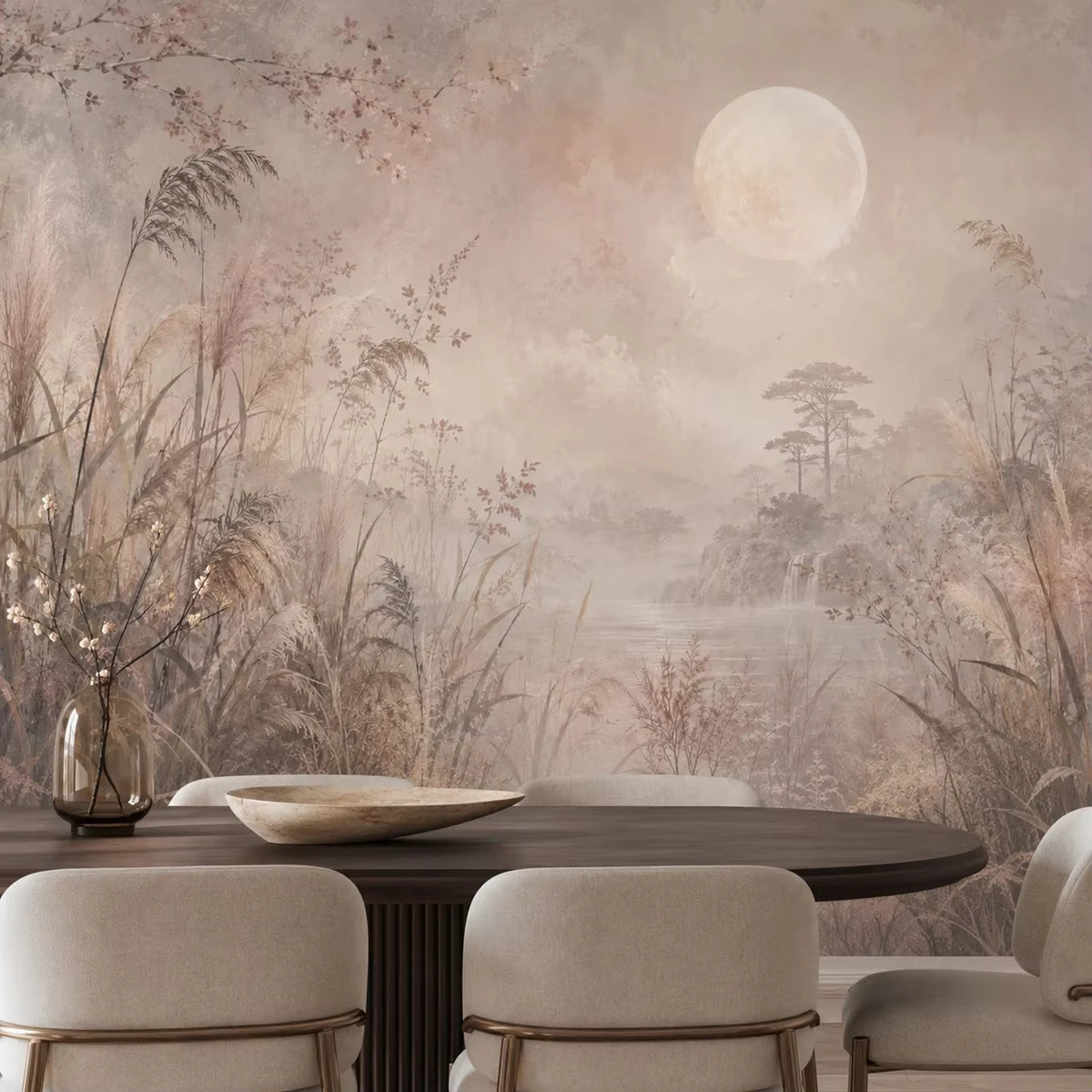 Papier peint panoramique Lune et herbes folles vieux rose : lune et herbes folles vieux rose dans une salle à manger