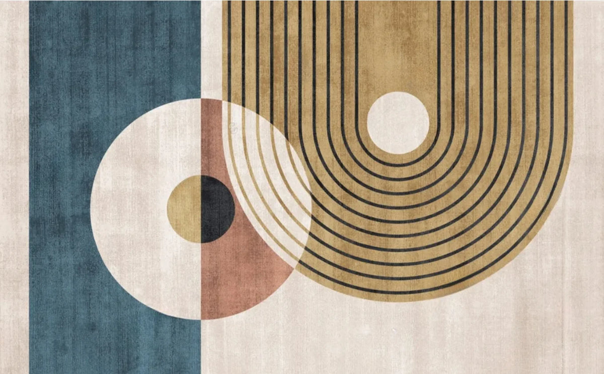 Papier peint panoramique Arches graphiques terracotta et bleu : vue à plat du motif, arches à lignes fines ocre, cercles terracotta et bande bleu canard sur fond lin