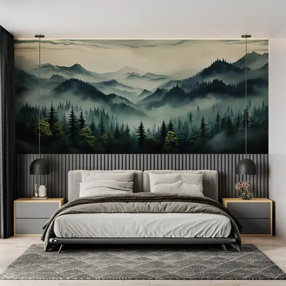 Papier peint panoramique Montagnes et pins au crépuscule : crêtes brumeuses et pins vert sombre sous un ciel crème, posé dans une chambre