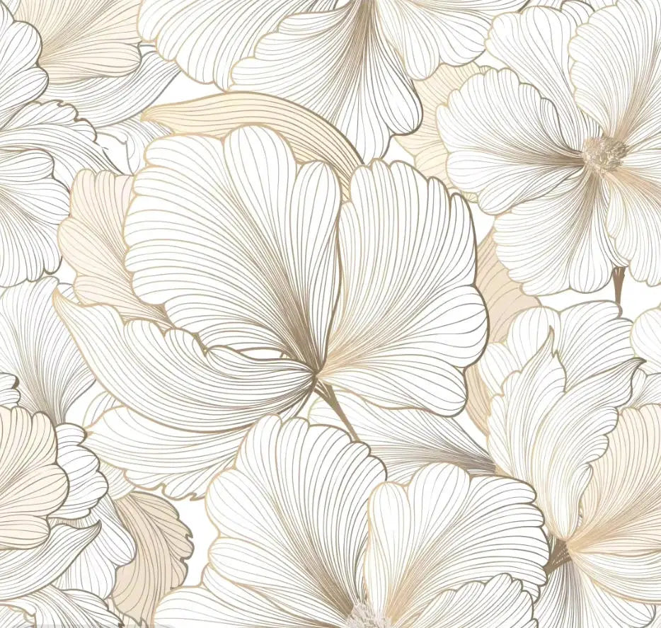 Papier peint panoramique Grandes fleurs au trait crème : vue du motif, grandes fleurs aux pétales striés, dessinées d'un trait fin sable sur fond blanc et crème