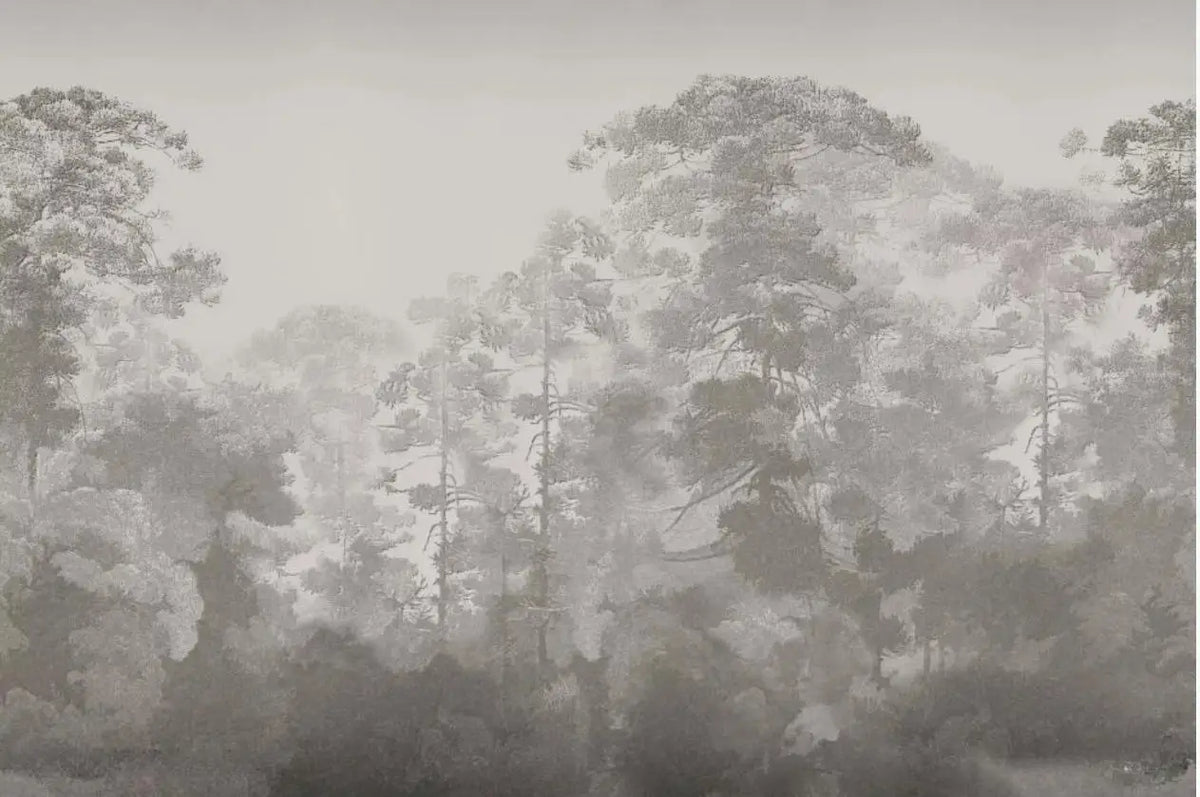 Papier peint panoramique Forêt profonde taupe dans la brume : vue à plat, forêt profonde aux cimes taupe dans la brume