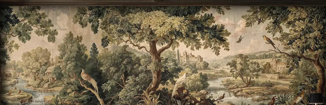 Papier peint panoramique Verdure au faisan, tapisserie ancienne : vue du motif, grands arbres, faisan sur une branche et campagne lointaine