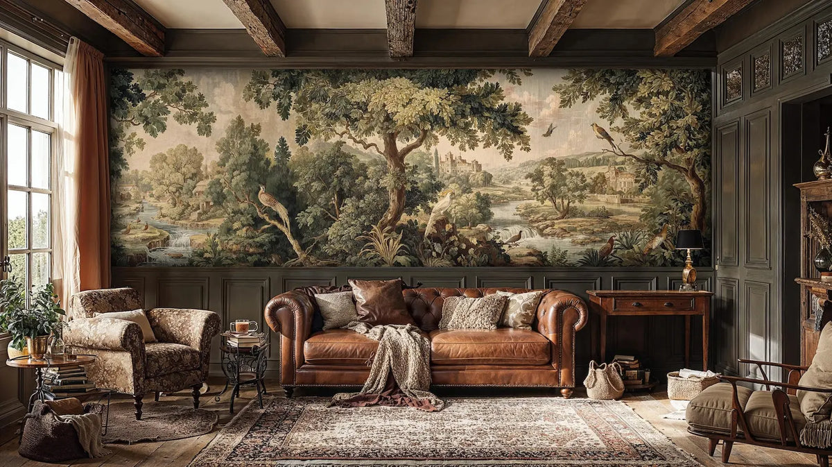 Papier peint panoramique Verdure au faisan, tapisserie ancienne : verdure au faisan façon tapisserie ancienne au-dessus d'un canapé Chesterfield, boiseries sombres