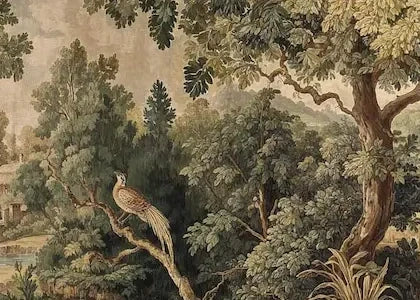 Papier peint panoramique Verdure au faisan, tapisserie ancienne : détail du motif, faisan perché dans les feuillages