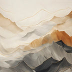 Papier peint panoramique Montagnes aquarelle ocre et ardoise : vue du motif, montagnes aquarelle en couches ocre, sable et ardoise sous un ciel crème