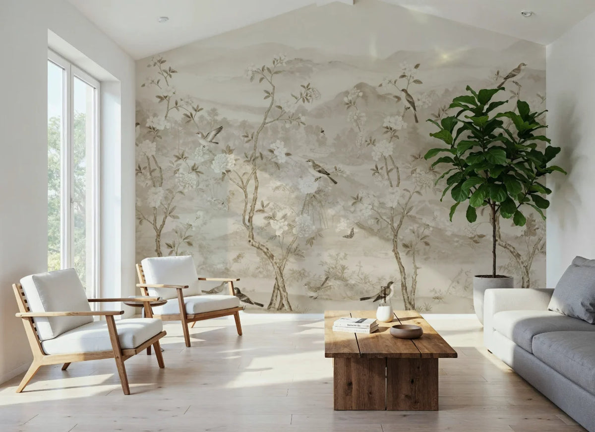 Papier peint panoramique Chinoiserie oiseaux et arbres fleuris sable : chinoiserie sable dans un salon lumineux, fauteuils en bois et table basse