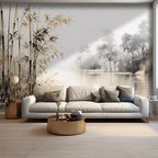 Papier peint panoramique Bambous et lac à l'encre sépia : bambous et lac à l'encre sépia dans un salon