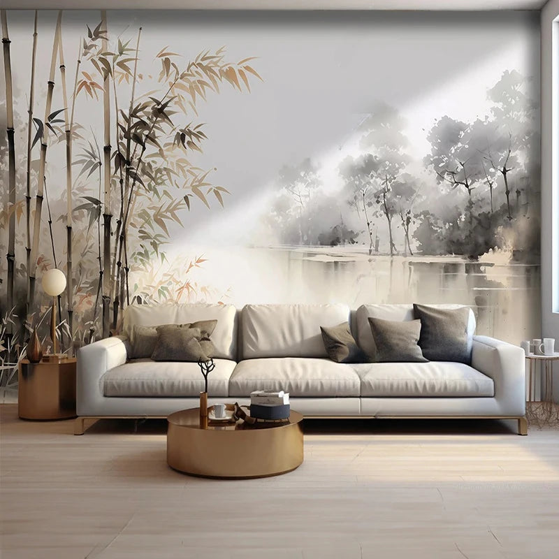 Papier peint panoramique Bambous et lac à l'encre sépia : bambous et lac à l'encre sépia dans un salon