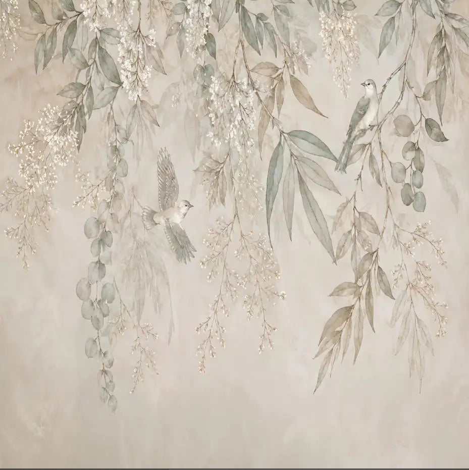 Papier peint panoramique Feuillage de saule et oiseaux sauge : vue du motif, branches de saule, grappes de fleurs et oiseaux en vert sauge et beige
