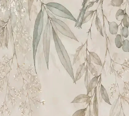 Papier peint panoramique Feuillage de saule et oiseaux sauge : détail du motif, feuilles de saule et grappes de fleurs