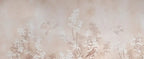 Papier peint panoramique Chinoiserie fleurs blanches rose poudré : vue du motif, arbustes en fleurs blanches et oiseaux sur fond rose poudré