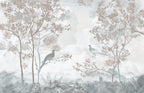 Papier peint panoramique Faisans dans les arbres bleu brume : vue à plat, faisans perchés dans des arbres fins, feuillages terracotta et bleu brume