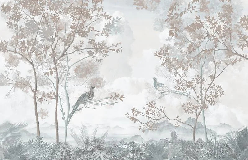 Papier peint panoramique Faisans dans les arbres bleu brume : vue à plat, faisans perchés dans des arbres fins, feuillages terracotta et bleu brume