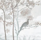 Papier peint panoramique Faisans dans les arbres bleu brume : détail du motif, faisan sur la branche