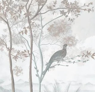 Papier peint panoramique Faisans dans les arbres bleu brume : détail du motif, faisan sur la branche