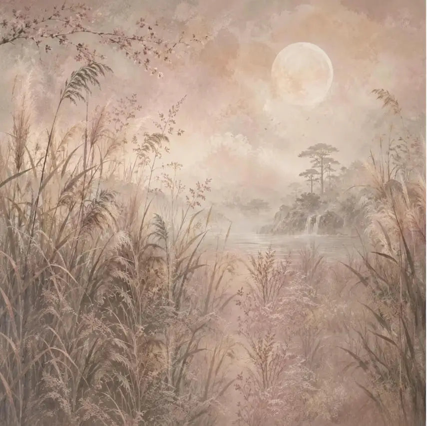 Papier peint panoramique Lune et herbes folles vieux rose : vue du motif, roseaux et herbes folles au premier plan, lac et pins dans la brume sous une lune pâle