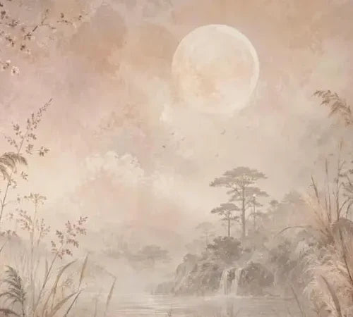 Papier peint panoramique Lune et herbes folles vieux rose : détail du motif, lune pâle au-dessus du lac