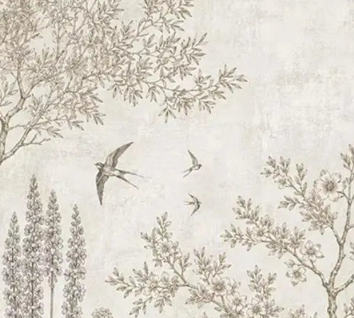 Papier peint panoramique Jardin gravé aux hirondelles : détail du motif, hirondelles et arbre fleuri gravés
