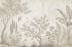 Papier peint panoramique Jardin gravé aux hirondelles : vue du motif, jardin gravé sépia : arbre fleuri, lupins, fougères, feuilles de bananier et hirondelles sur fond lin