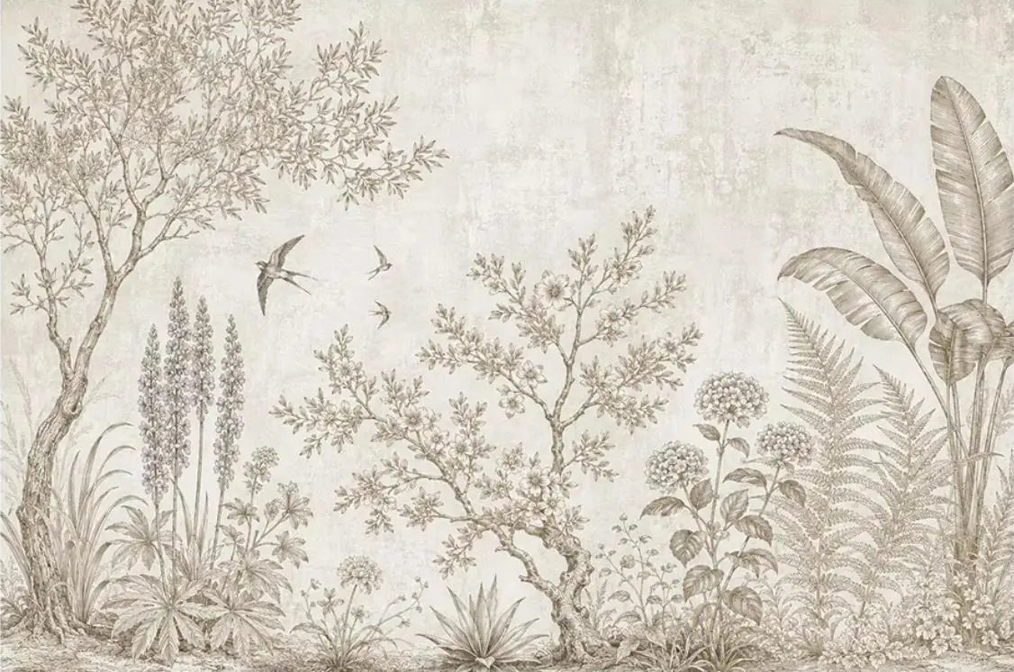 Papier peint panoramique Jardin gravé aux hirondelles : vue du motif, jardin gravé sépia : arbre fleuri, lupins, fougères, feuilles de bananier et hirondelles sur fond lin