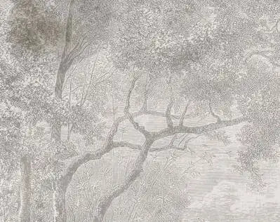 Papier peint panoramique Étang gravé dans la forêt gris perle : détail du motif, ramures gravées gris perle