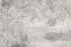 Papier peint panoramique Étang gravé dans la forêt gris perle : vue à plat, grands arbres gravés autour d'un étang, en gris perle