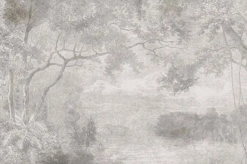 Papier peint panoramique Étang gravé dans la forêt gris perle : vue à plat, grands arbres gravés autour d'un étang, en gris perle