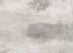 Papier peint panoramique Étang gravé dans la forêt gris perle : détail du motif, étang et bosquets