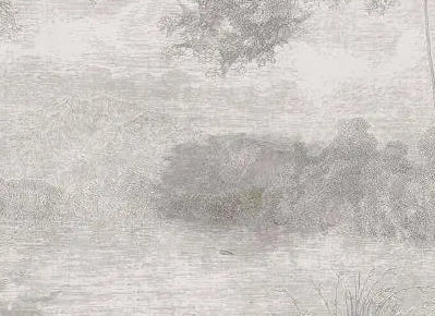Papier peint panoramique Étang gravé dans la forêt gris perle : détail du motif, étang et bosquets