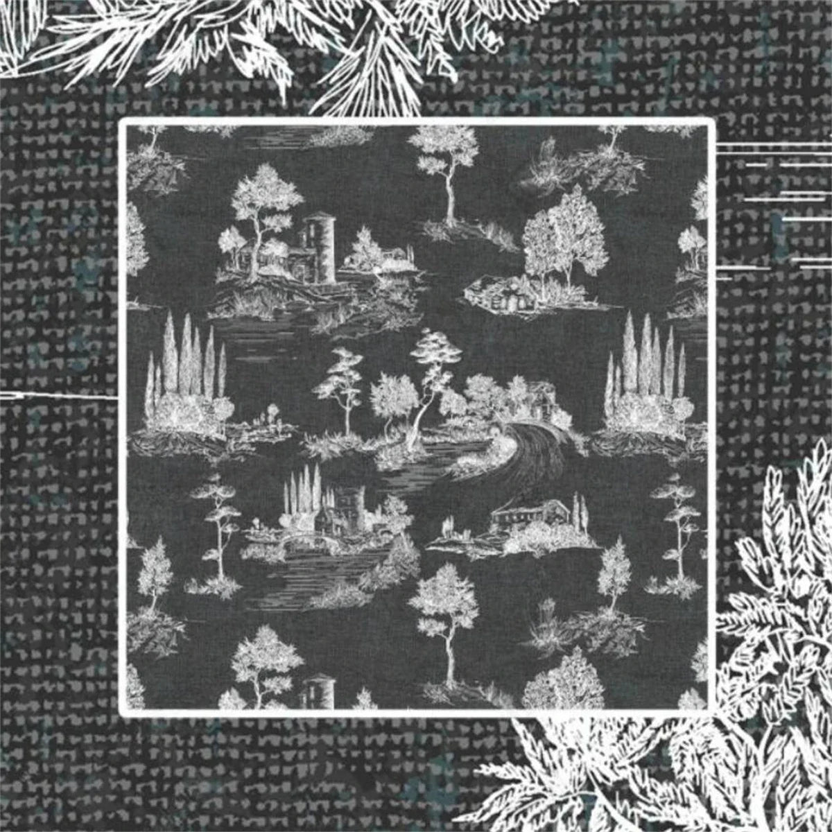Papier peint panoramique Toile paysagère noire : détail du motif, paysage gravé en blanc sur fond noir, villas et cyprès