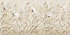 Papier peint panoramique Roseaux au bord de l'étang : vue à plat du motif, roseaux et oiseaux d'eau au bord d'un étang