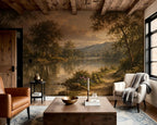 Papier peint panoramique Lac au soleil couchant, peinture ancienne : paysage peint d'un lac au soleil couchant entre de grands arbres, dans un salon aux poutres apparentes