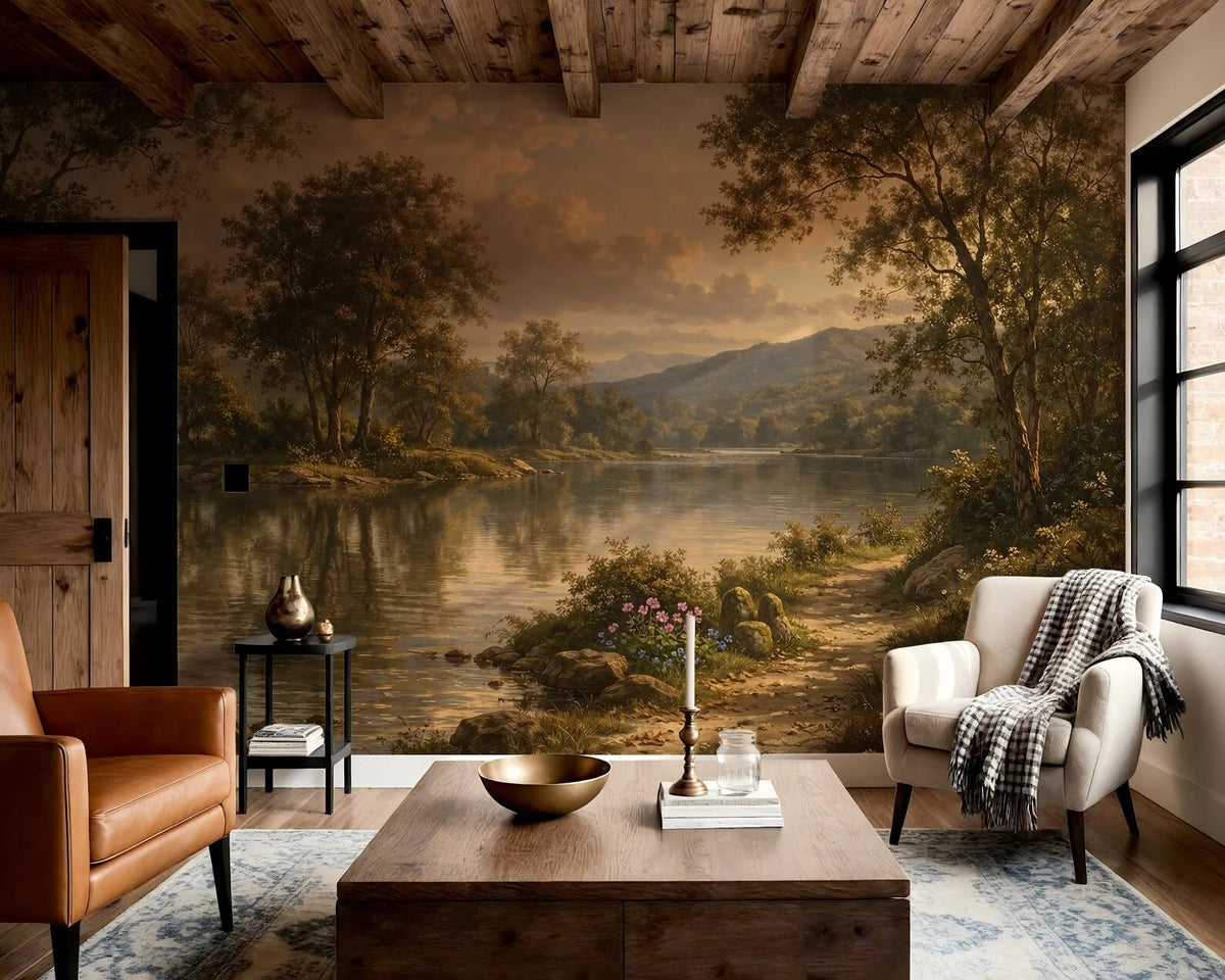Papier peint panoramique Lac au soleil couchant, peinture ancienne : paysage peint d'un lac au soleil couchant entre de grands arbres, dans un salon aux poutres apparentes