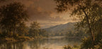 Papier peint panoramique Lac au soleil couchant, peinture ancienne : vue du motif, lac et collines sous un ciel doré, grands arbres au premier plan
