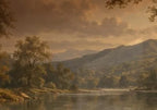 Papier peint panoramique Lac au soleil couchant, peinture ancienne : détail du motif, reflets du lac et collines dans la lumière du soir