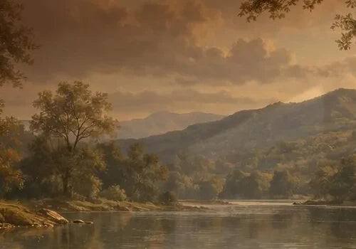 Papier peint panoramique Lac au soleil couchant, peinture ancienne : détail du motif, reflets du lac et collines dans la lumière du soir
