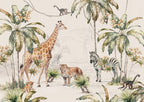 Papier peint panoramique Safari aquarelle : vue à plat du motif, girafe, zèbre, guépard et palmiers à l'aquarelle sur fond crème