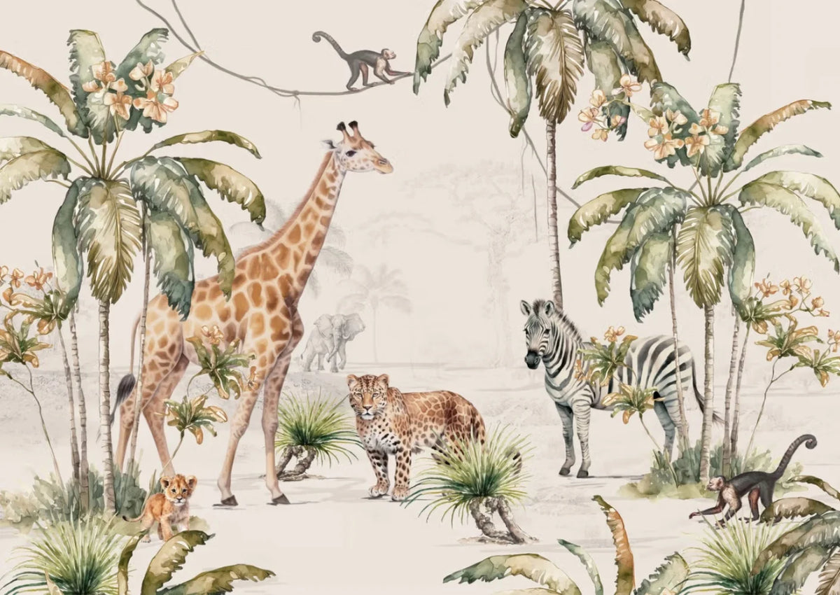 Papier peint panoramique Safari aquarelle : vue à plat du motif, girafe, zèbre, guépard et palmiers à l'aquarelle sur fond crème