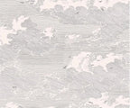 Papier peint effet nuages gravés gris rosé : vue à plat, nuages et vagues en fines hachures grises sur fond rose très pâle, petits oiseaux en vol