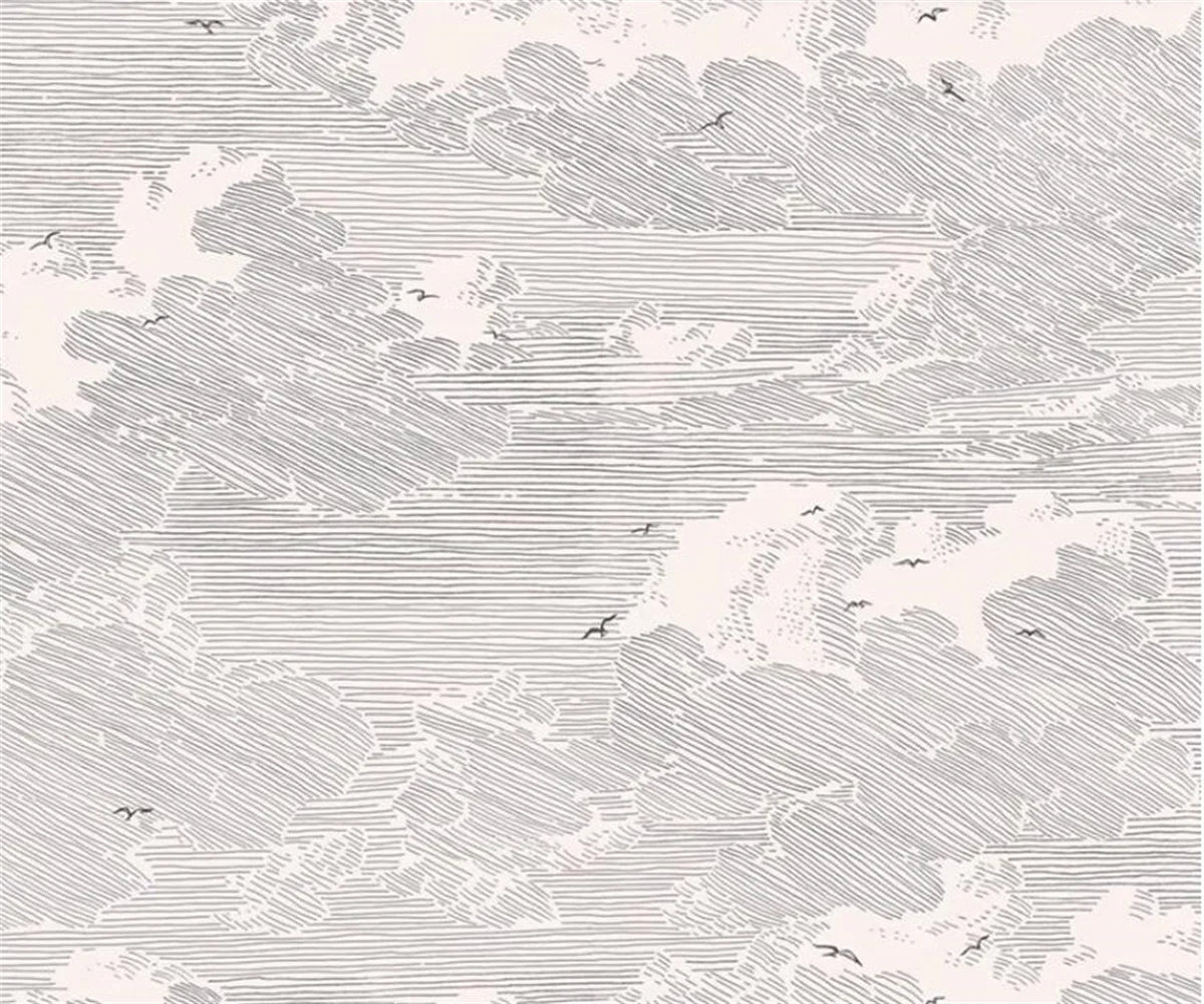 Papier peint effet nuages gravés gris rosé : vue à plat, nuages et vagues en fines hachures grises sur fond rose très pâle, petits oiseaux en vol
