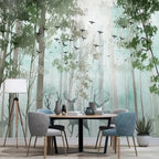 Papier peint panoramique Forêt aquarelle vert d'eau et cerfs : forêt aquarelle vert d'eau, silhouettes de cerfs et vol d'oiseaux, posé derrière une table ronde
