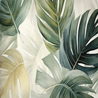 Papier peint panoramique Grandes feuilles vert sauge : vue à plat du motif, grandes feuilles de monstera vert sauge et vert bouteille sur fond crème