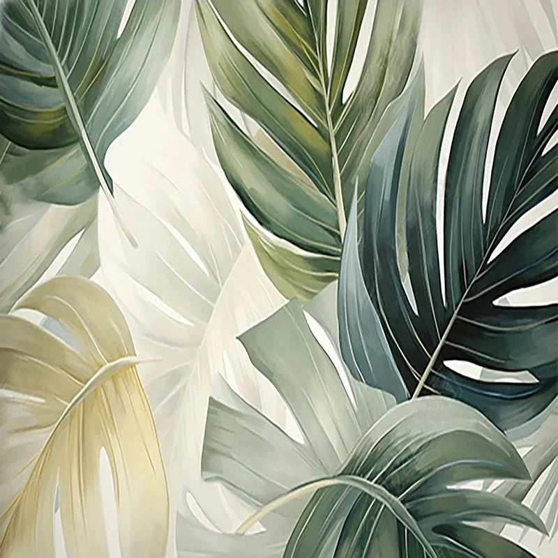Papier peint panoramique Grandes feuilles vert sauge : vue à plat du motif, grandes feuilles de monstera vert sauge et vert bouteille sur fond crème