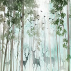 Papier peint panoramique Forêt aquarelle vert d'eau et cerfs : vue du motif, troncs fins, feuillages verts et cerfs dans une brume vert d'eau