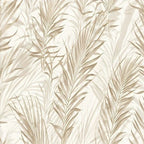 Papier peint panoramique Palmes grège peintes : vue à plat du motif, palmes beige grège et taupe sur fond crème